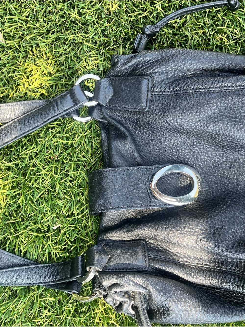 Oroton Black Pebbled Leather Shoulder Bag with Silver Hardware